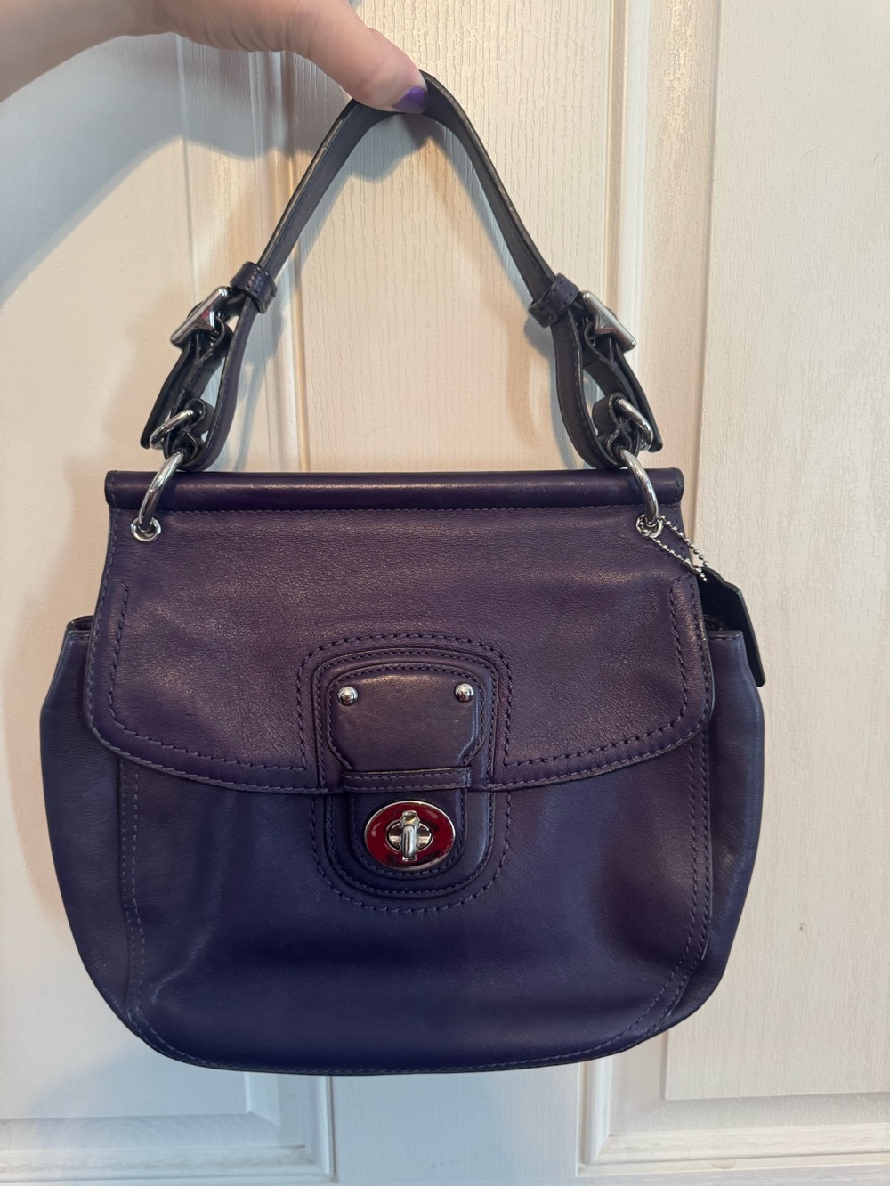 Coach Purple Leather Shoulder Bag with Turnlock Detail